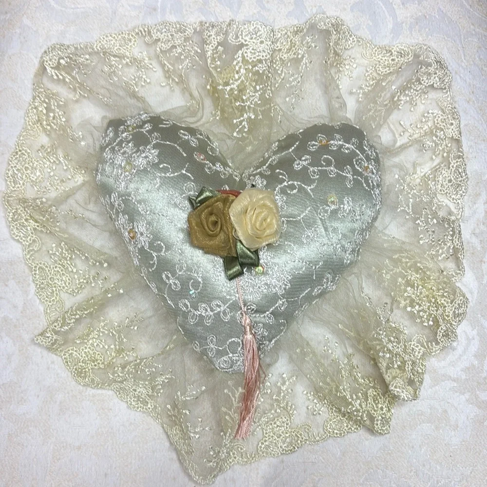 Victorian French Lover Lace Heart Pillow Hand Crafted Vintage Cottage Decor Pink